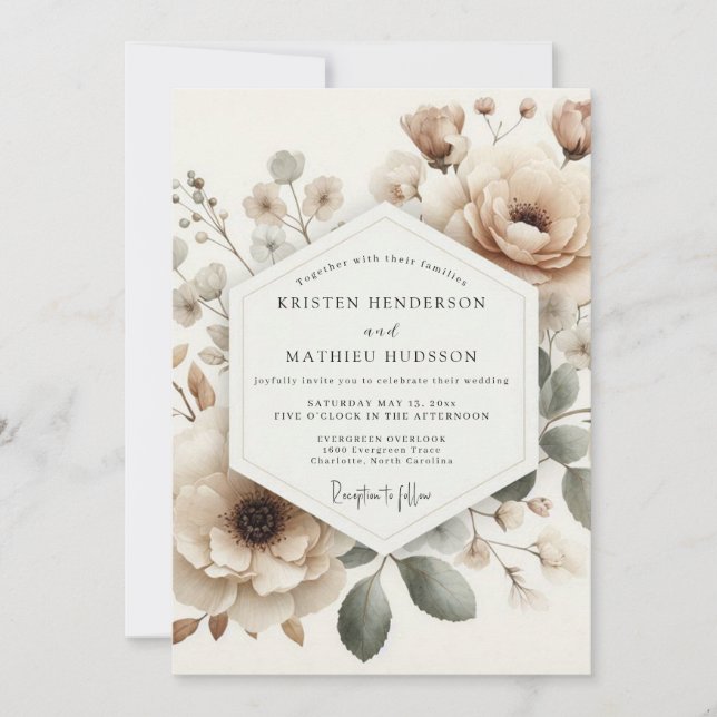 Invitation Mariage Fleur Épousée Beige (Devant)
