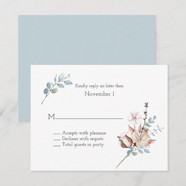 Invitation Mariage Fleur et Foliage d'hiver Aquarelle RSVP (Devant / Derrière)