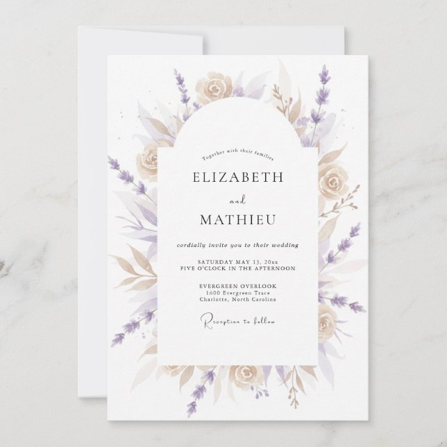 Invitation Mariage Fleur Éthérée Beige Lavande (Devant)