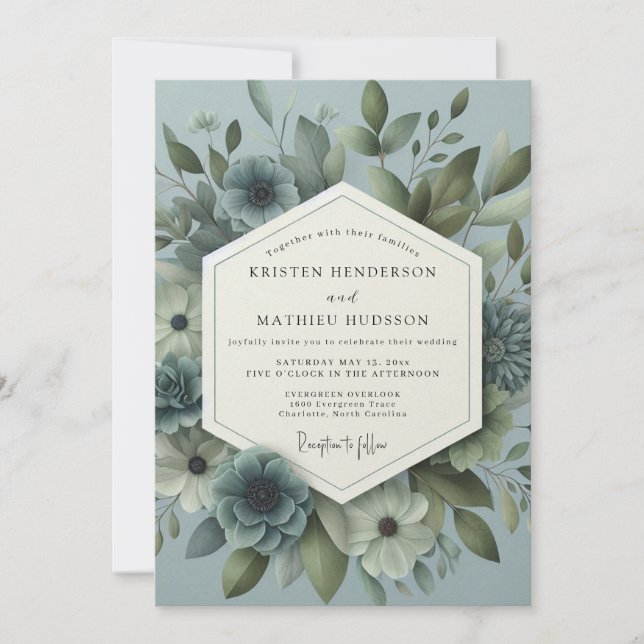 Invitation Mariage Fleur Éthérée Bleu Ardoise (Devant)