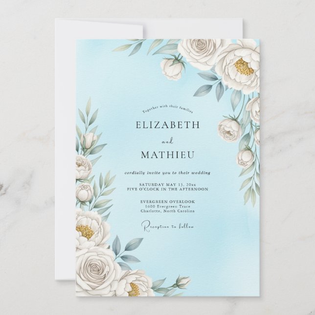 Invitation Mariage Fleur Éthérée Bleu Ciel (Devant)