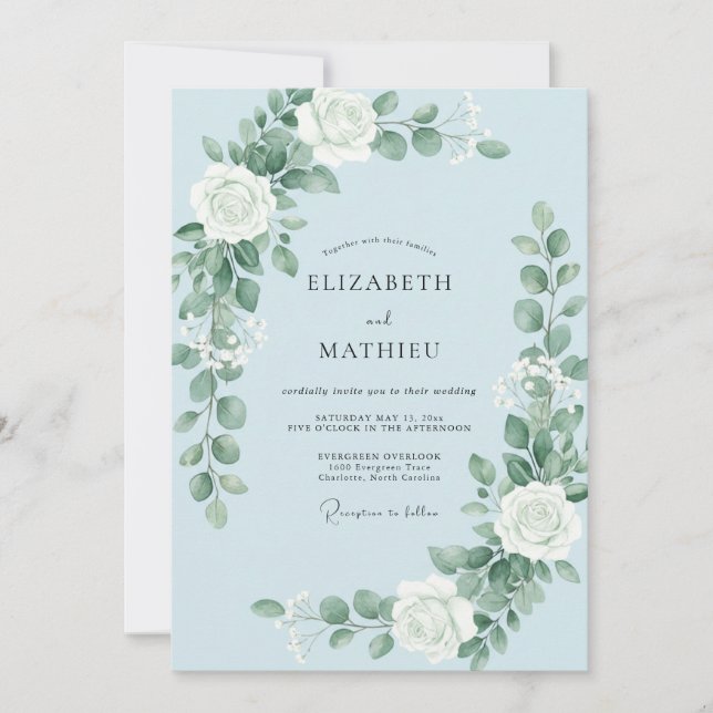Invitation Mariage Fleur Éthérée Bleu Clair (Devant)