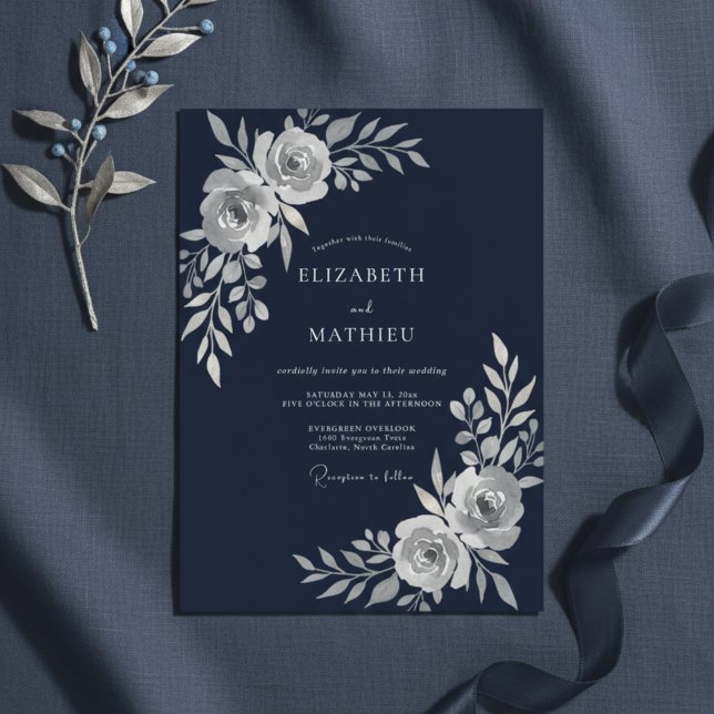 Invitation Mariage Fleur Éthérée Bleu Marine (Créateur téléchargé)