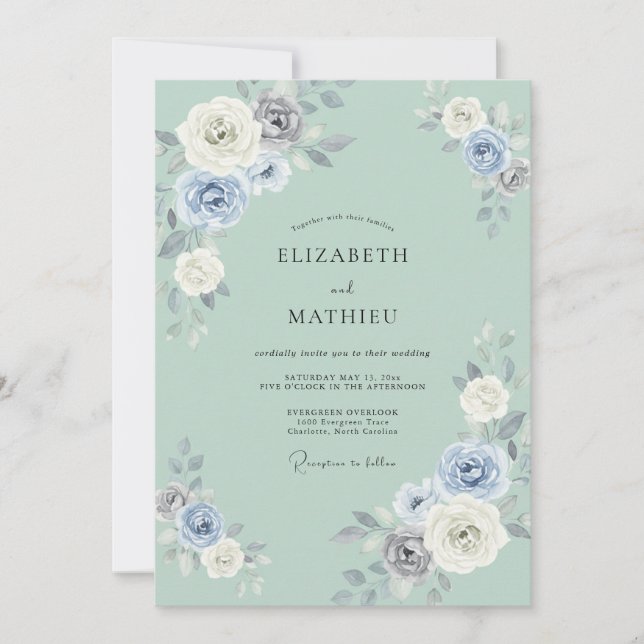 Invitation Mariage Fleur Éthérée Bleu Poudre (Devant)