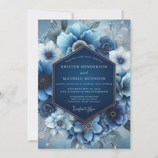 Invitation Mariage Fleur Éthérée Bleu Poussiéreux (Devant)