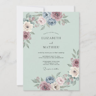Invitation Mariage Fleur Éthérée Bleu Poussiéreux