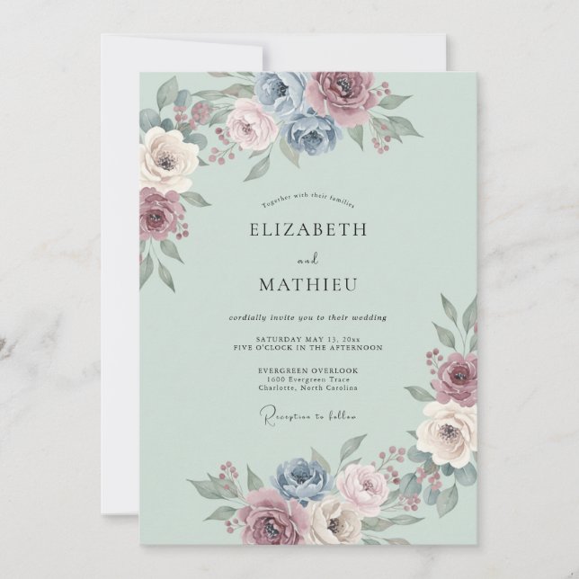 Invitation Mariage Fleur Éthérée Bleu Poussiéreux (Devant)