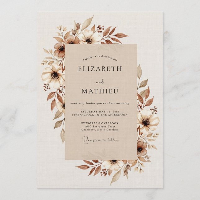 Invitation Mariage Fleur Éthérée Brun (Devant)