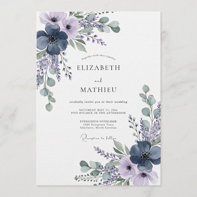 Invitation Mariage Fleur Éthérée de Lavande Navy (Devant)