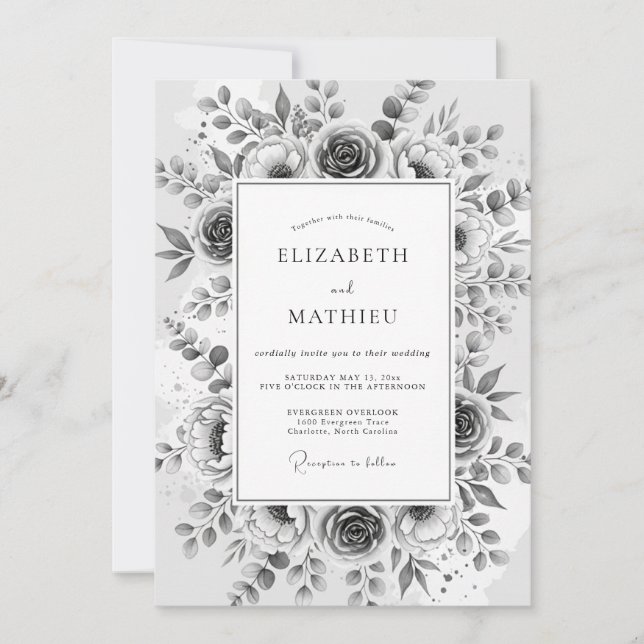 Invitation Mariage Fleur Éthérée Grise (Devant)