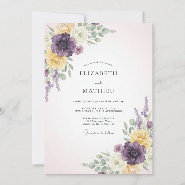 Invitation Mariage Fleur Éthérée Jaune Violet (Devant)