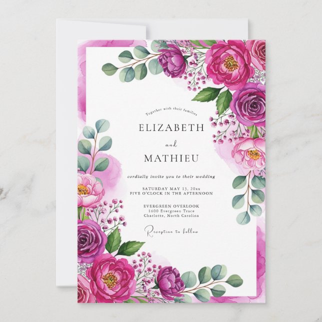 Invitation Mariage Fleur Éthérée Magenta (Devant)