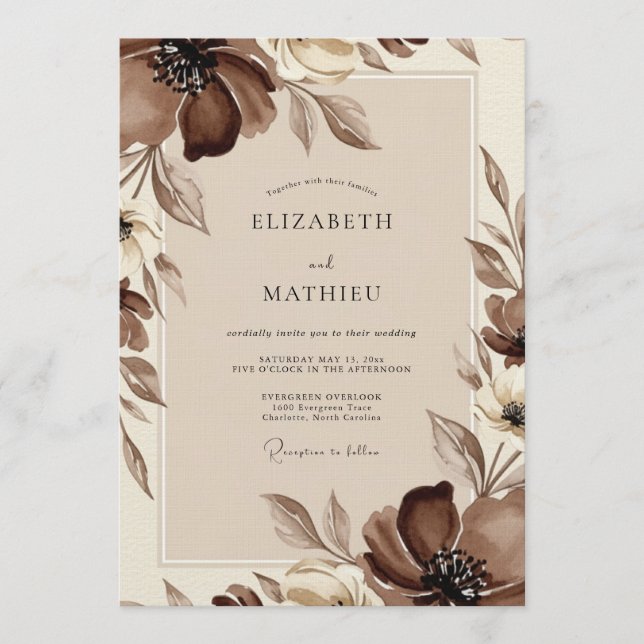 Invitation Mariage Fleur Éthérée Marron (Devant)