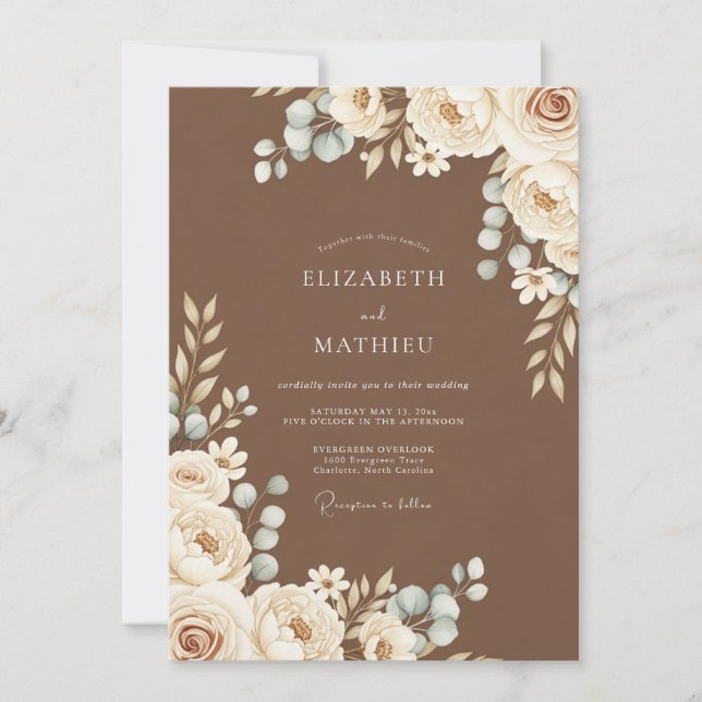 Invitation Mariage Fleur Éthérée Marron (Devant)