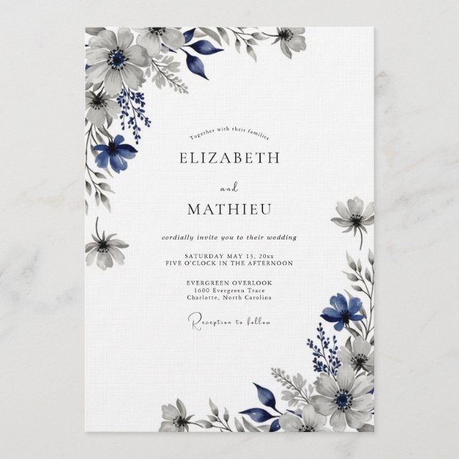 Invitation Mariage Fleur Éthérée Navy (Devant)