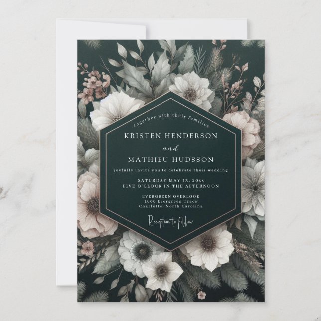 Invitation Mariage Fleur Éthérée Noir (Devant)