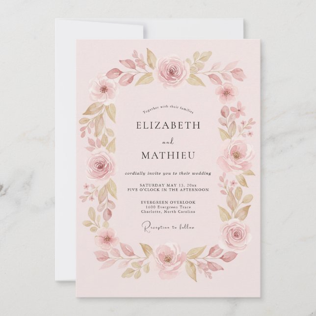 Invitation Mariage Fleur Éthérée Rose Pâle (Devant)