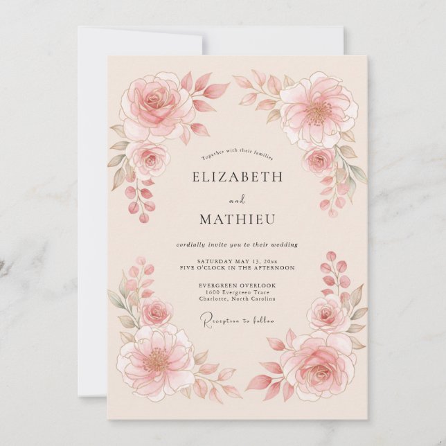 Invitation Mariage Fleur Éthérée Rose Tendre (Devant)