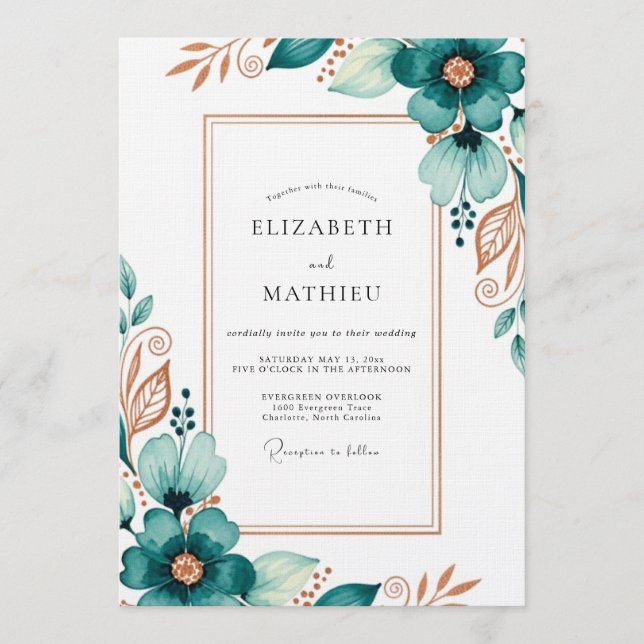 Invitation Mariage Fleur Éthérée Sarcelle (Devant)
