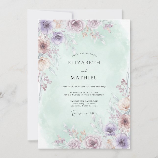 Invitation Mariage Fleur Éthérée Violet Pâle (Devant)