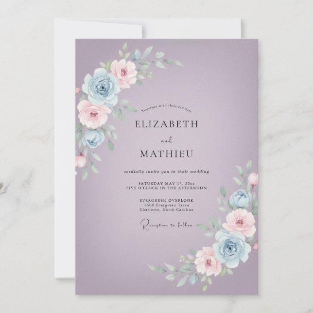 Invitation Mariage Fleur Éthérée Violet Poussiéreux (Devant)