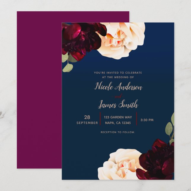 Invitation Mariage Fleur foncé Marsala Crème et Bleu Nuit (Devant / Derrière)