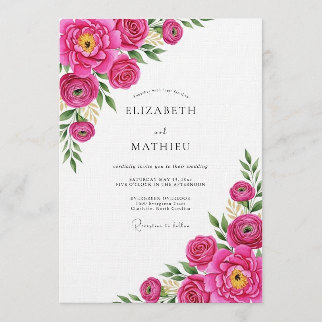 Invitation Mariage Fleur Fuschia Impressionniste (Devant)