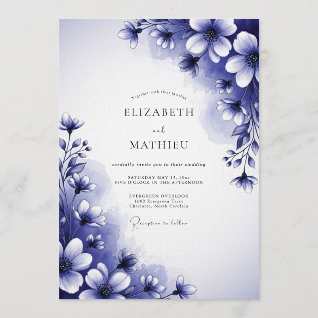 Invitation Mariage Fleur Indigo Peint à la Main (Devant)