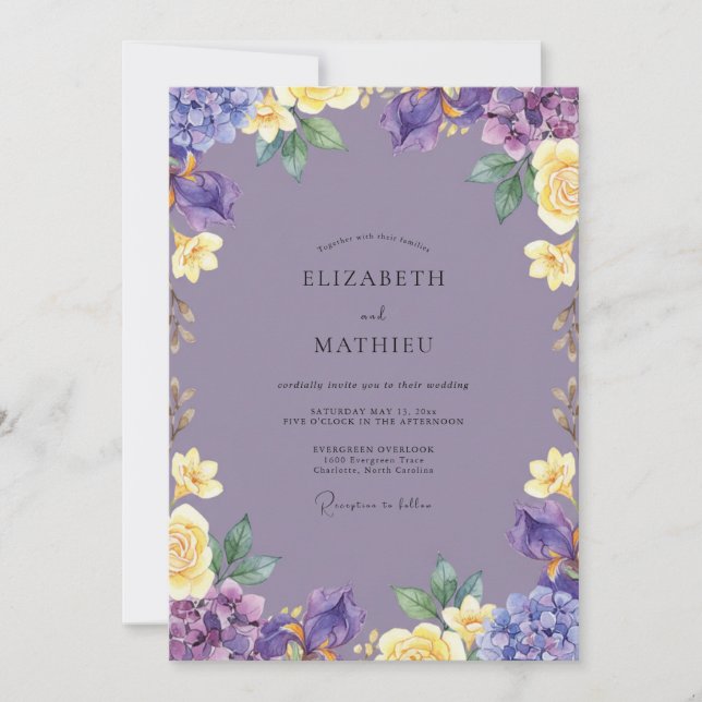 Invitation Mariage Fleur Jaune Améthyste (Devant)