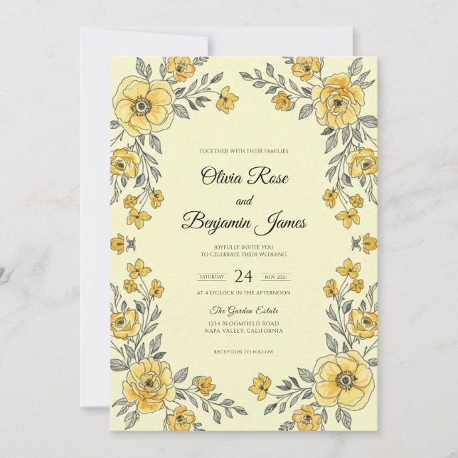 Invitation Mariage Fleur Jaune Argent (Devant)