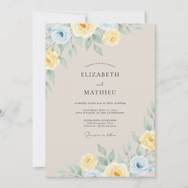 Invitation Mariage Fleur Jaune Bleu Pâle (Devant)