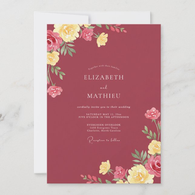 Invitation Mariage Fleur Jaune Bourgogne (Devant)