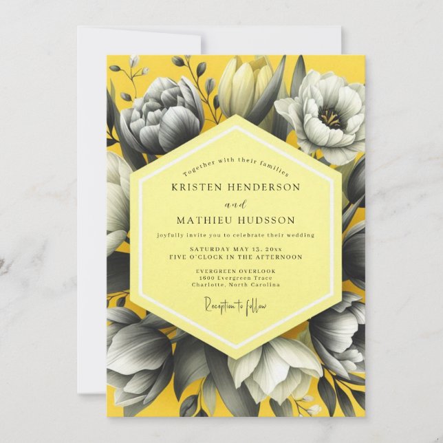 Invitation Mariage Fleur Jaune en Échelle de Gris (Devant)