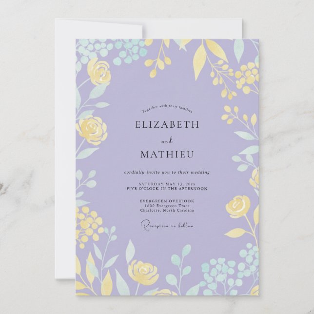 Invitation Mariage Fleur Jaune Lilas Atténué (Devant)