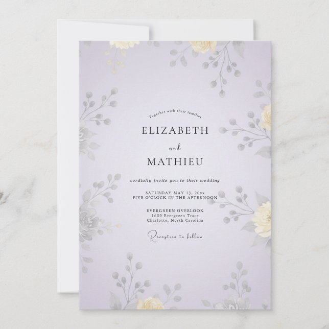 Invitation Mariage Fleur Jaune Lilas Poussiéreux (Devant)