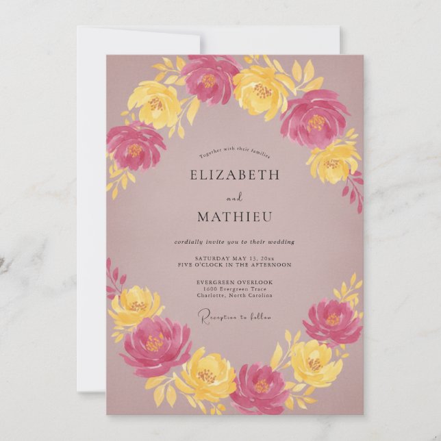 Invitation Mariage Fleur Jaune Mauve Atténué (Devant)