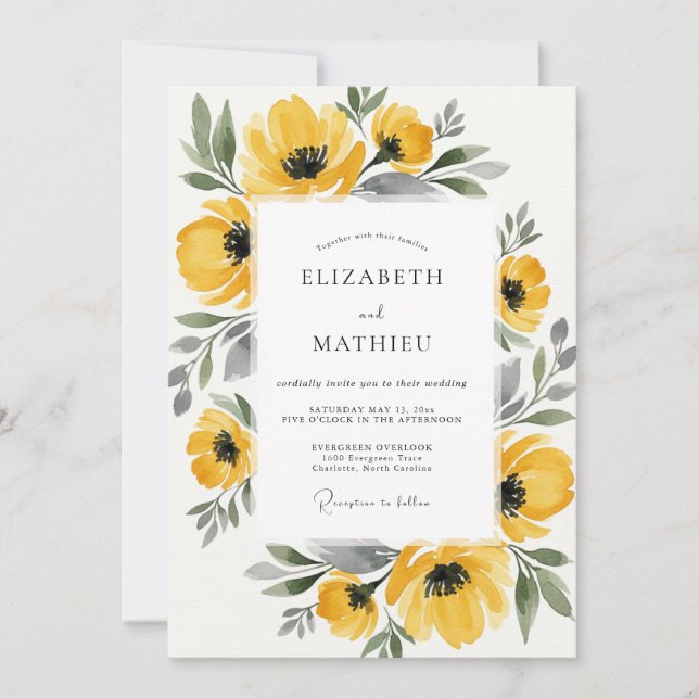 Invitation Mariage Fleur Jaune Peinte (Devant)