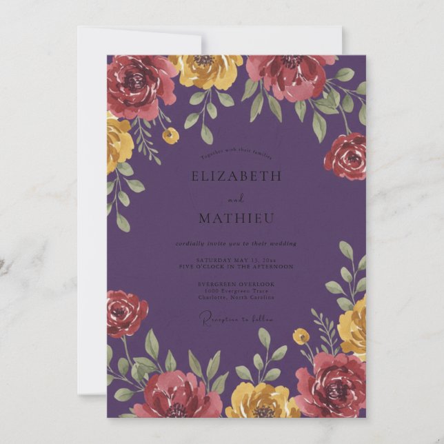 Invitation Mariage Fleur Jaune Prune (Devant)