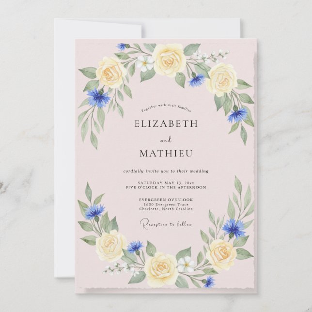 Invitation Mariage Fleur Jaune Rosée (Devant)