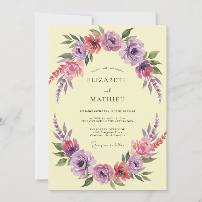 Invitation Mariage Fleur Jaune Violet Romantique (Devant)