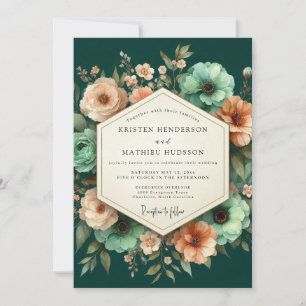 Invitation Mariage Fleur Lumineuse Émeraude et Pêche
