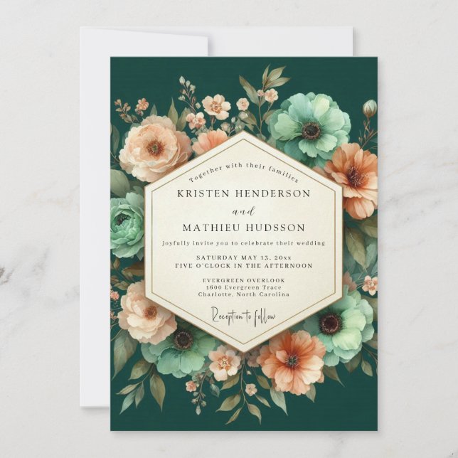 Invitation Mariage Fleur Lumineuse Émeraude et Pêche (Devant)