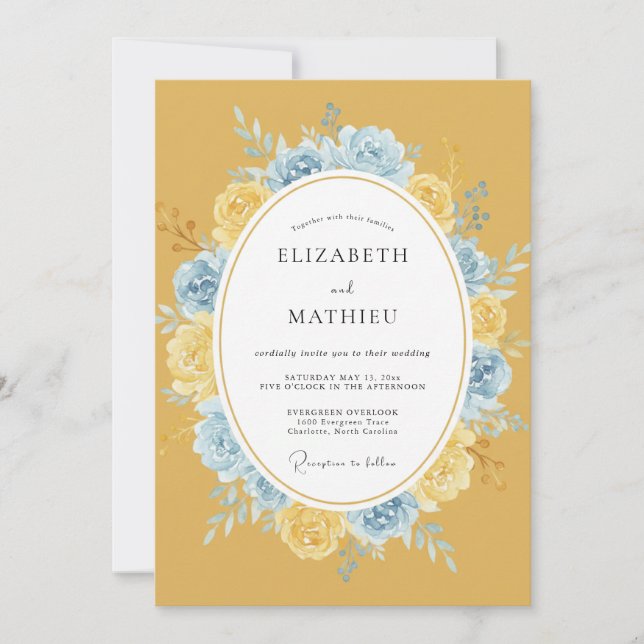 Invitation Mariage Fleur Lustrée Jaune Moutarde (Devant)