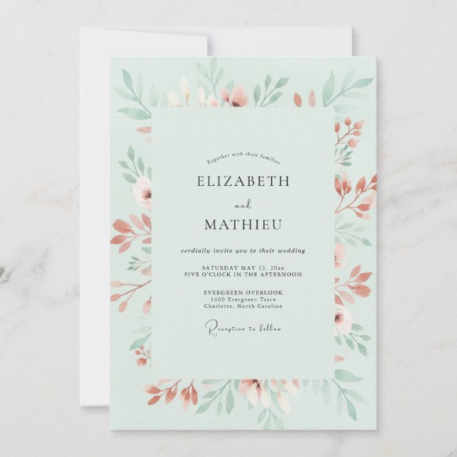 Invitation Mariage Fleur Lyrique Vert Menthe (Devant)