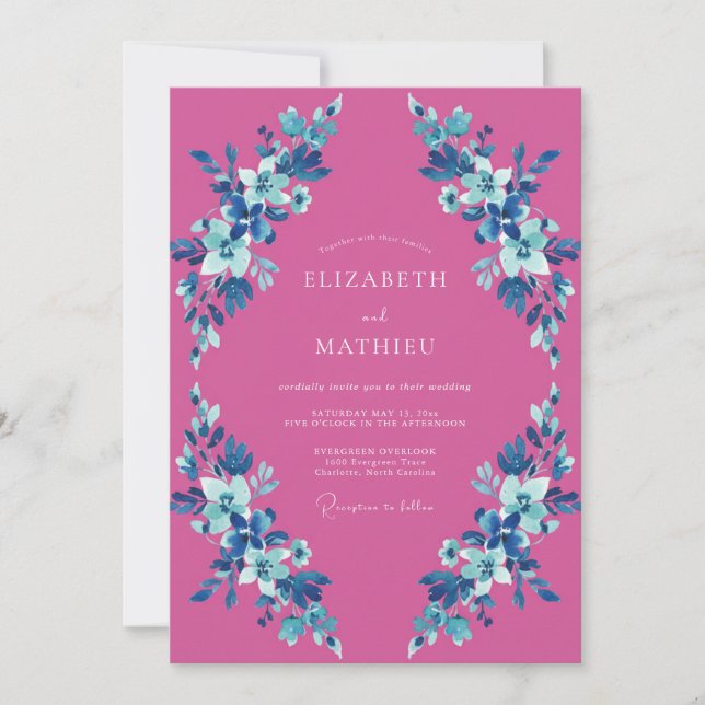 Invitation Mariage Fleur Magenta Azur (Devant)