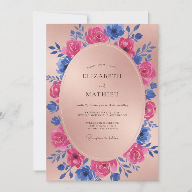 Invitation Mariage Fleur Magenta Cobalt (Devant)