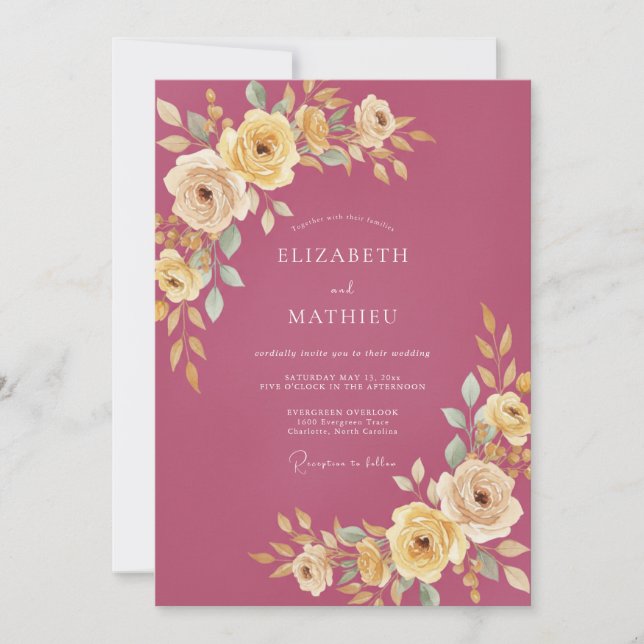 Invitation Mariage Fleur Magenta Poussiéreuse (Devant)