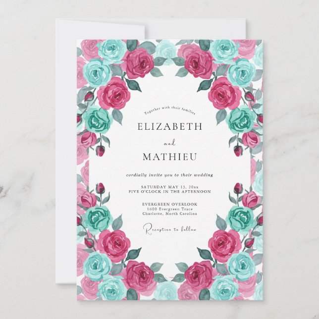 Invitation Mariage Fleur Magenta Turquoise (Devant)