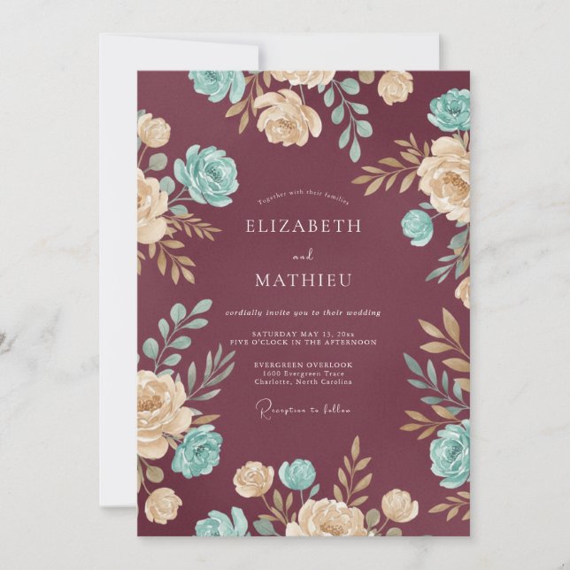 Invitation Mariage Fleur Mauve Aqua (Devant)