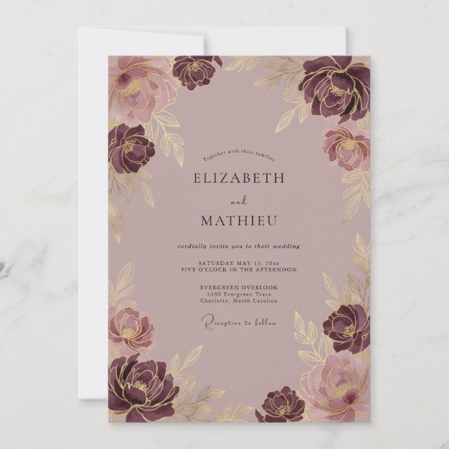 Invitation Mariage Fleur Mauve Dorée (Devant)